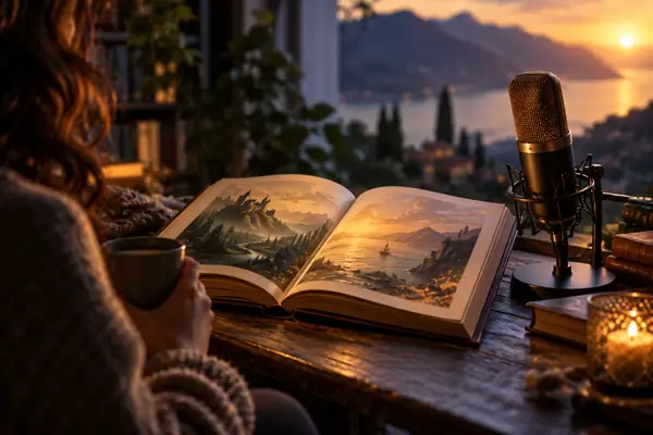 Ein aufgeschlagenes Geschichtenbuch neben einem Mikrofon in weichem, stimmungsvollem Licht.